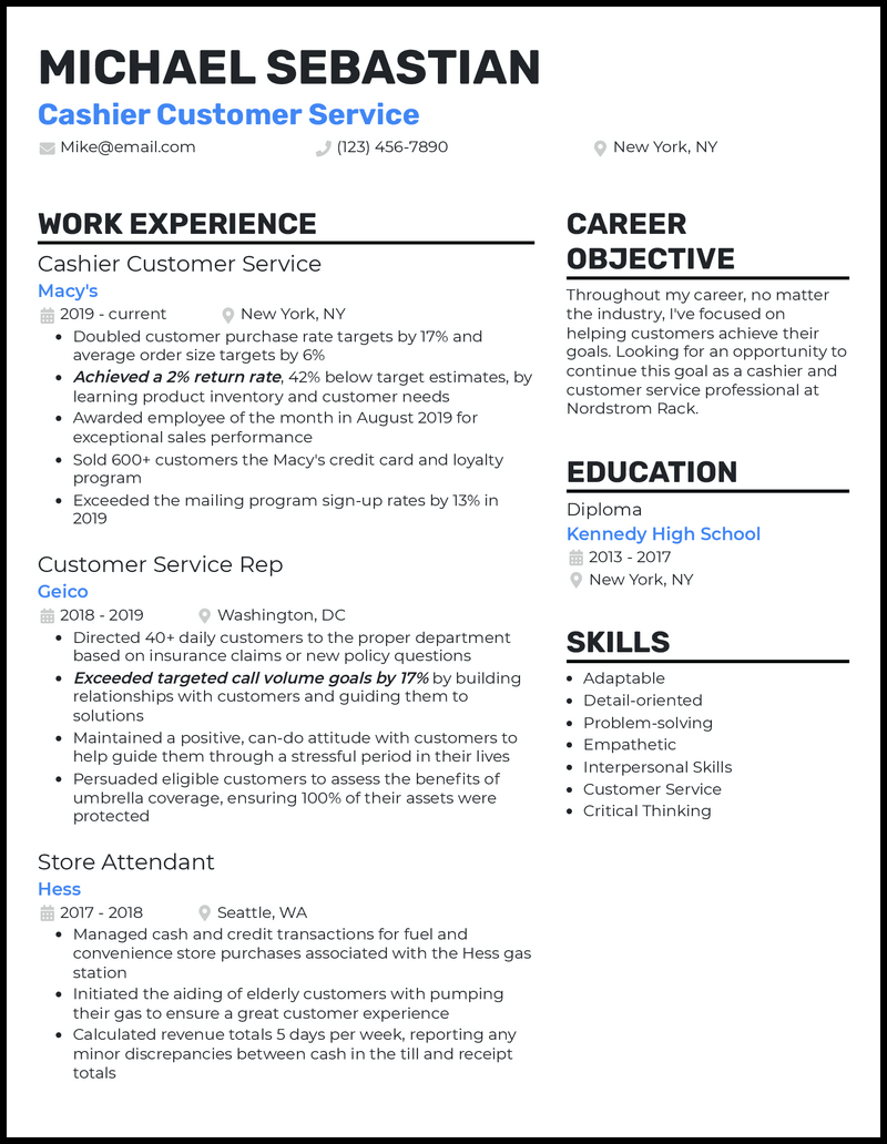 3 Cashier Customer Service Resume Examples for 2023