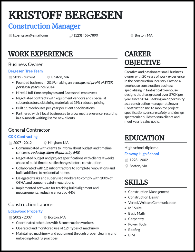 3 Construction Business Owner Resume Examples for 2023