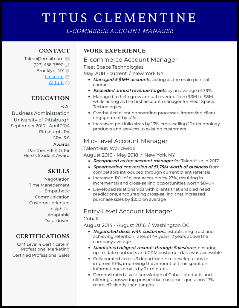 3 E-Commerce Account Manager Resume Examples for 2023