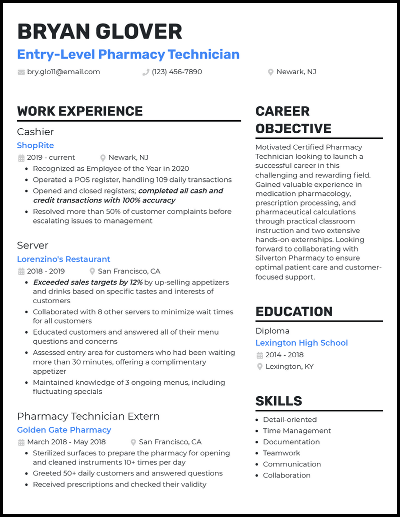 3 Entry Level Pharmacy Technician Resume Examples for 2023