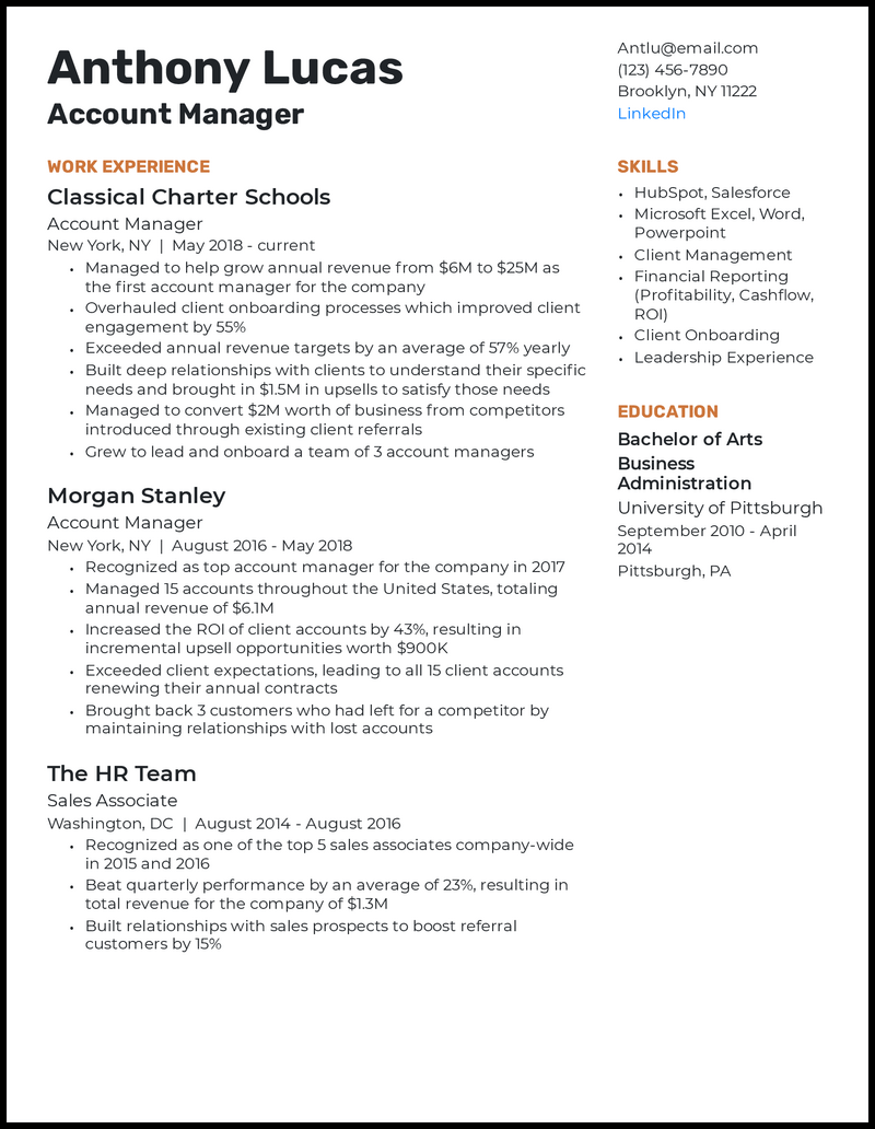 Resume Account Manager Example