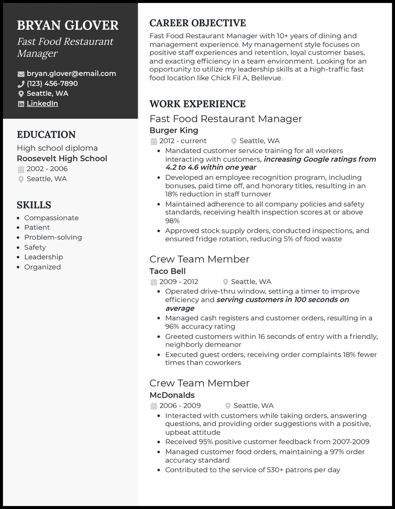 3 Fast Food Restaurant Manager Resume Examples for 2023
