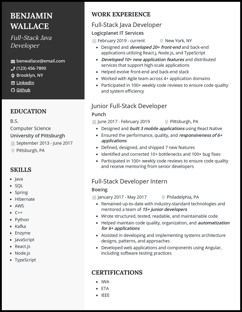 Java Full Stack Developer Resume Examples For