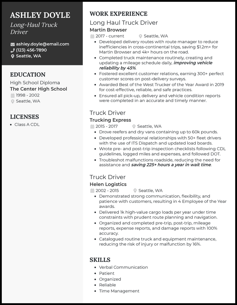 3 Long-Haul Truck Driver Resume Examples Made for 2023