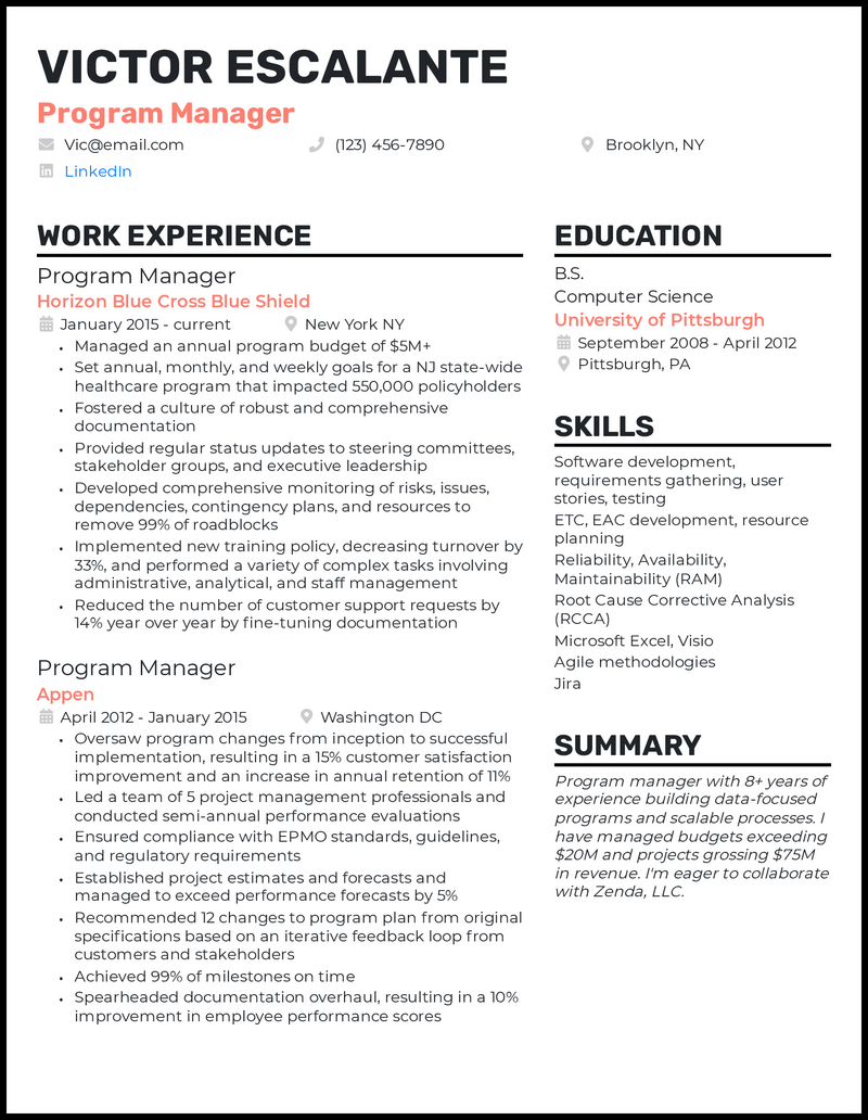 project manager skills resume