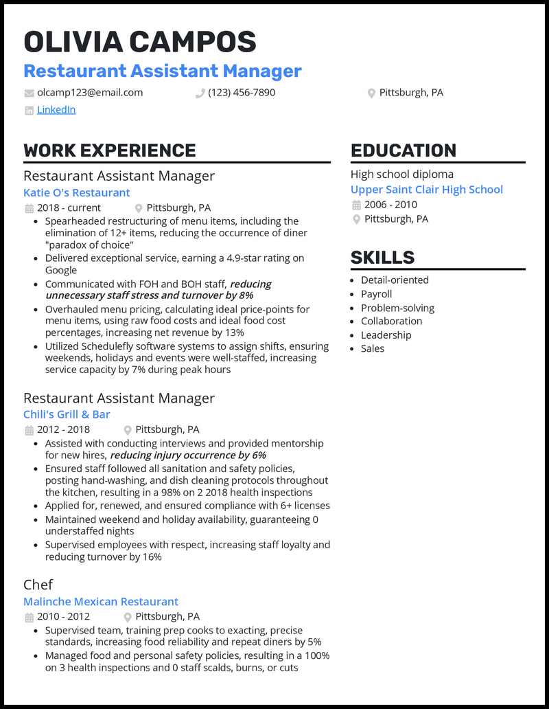 3 Restaurant Assistant Manager Resume Examples for 2023