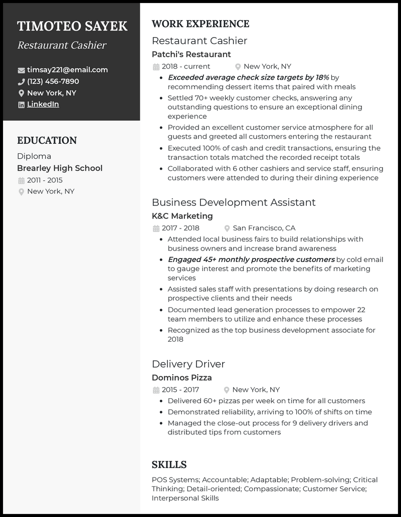 3 Restaurant Cashier Resume Examples to the Job in 2023