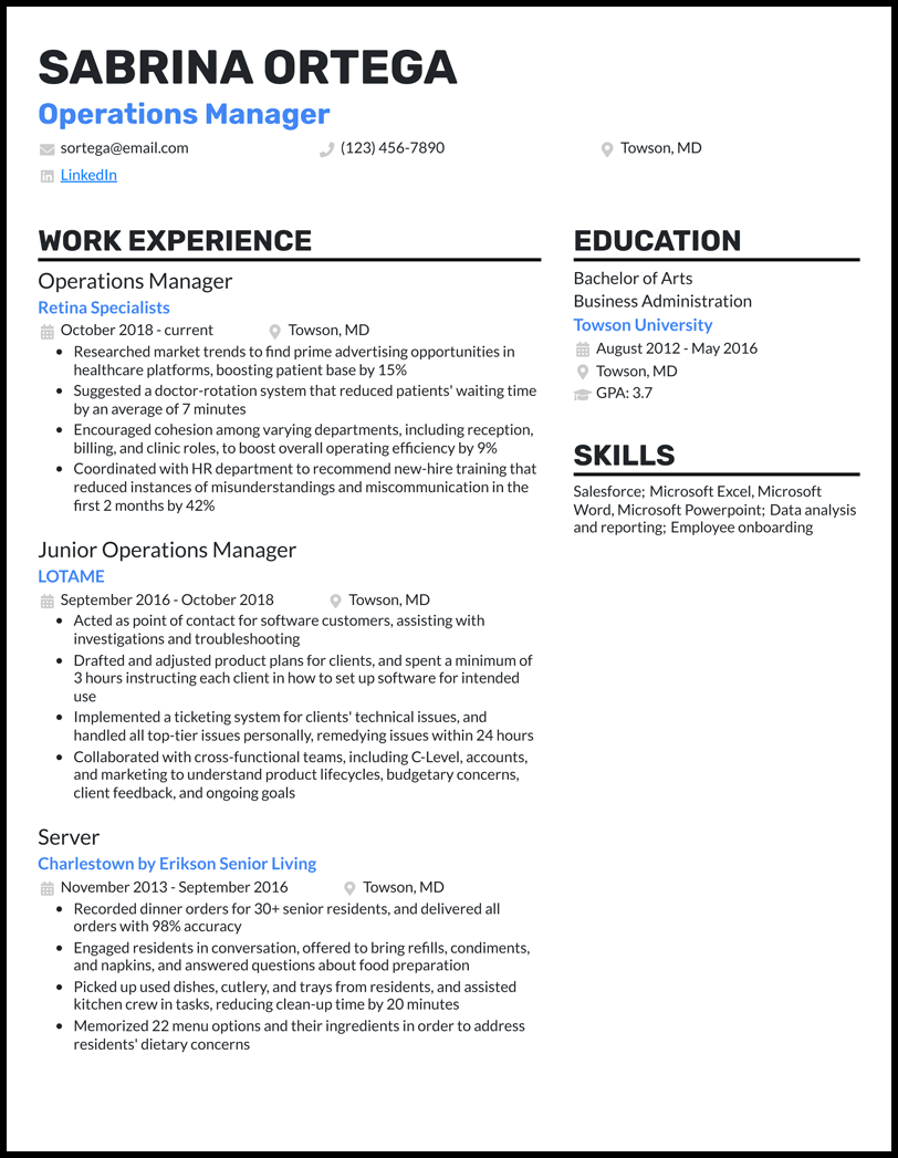 best resume format for operations manager